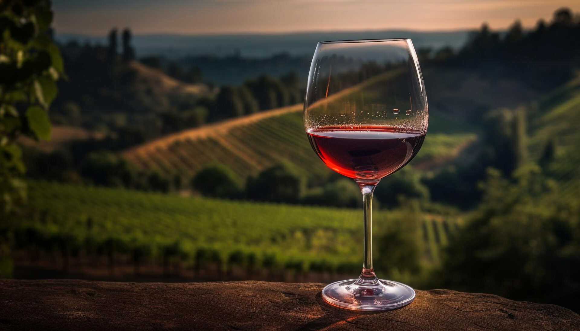 Sunset over a vineyard — many wine tasting terms originate from the French tradition of evaluating wine in the place where the grapes grow