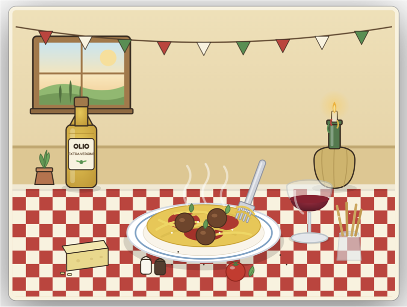 Illustration of a bowl of spaghetti with tomato sauce and basil, beside a glass of red wine and a fork on a wooden table