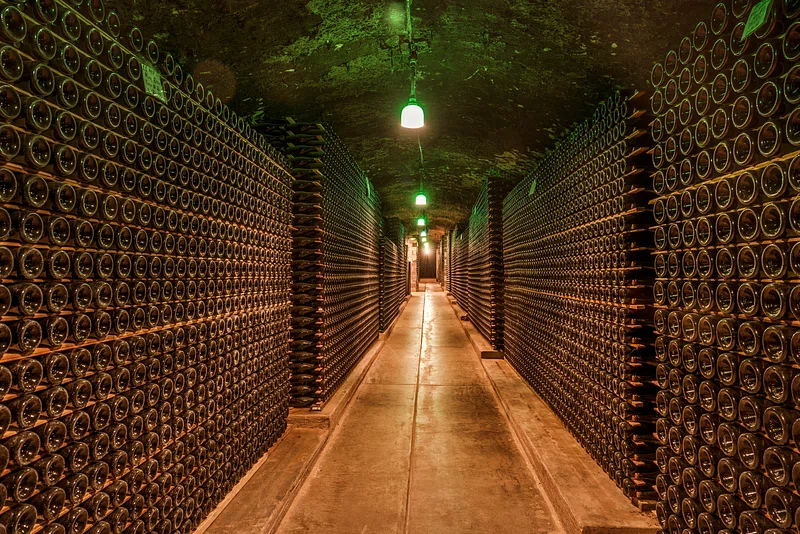 A wine cellar with bottles stored horizontally — the small number of white wines worth cellaring require the same stable, dark, cool conditions as red wines