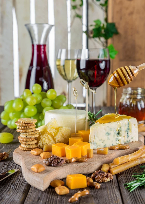 A cheese board with glasses of wine alongside it, set out for tasting different pairings