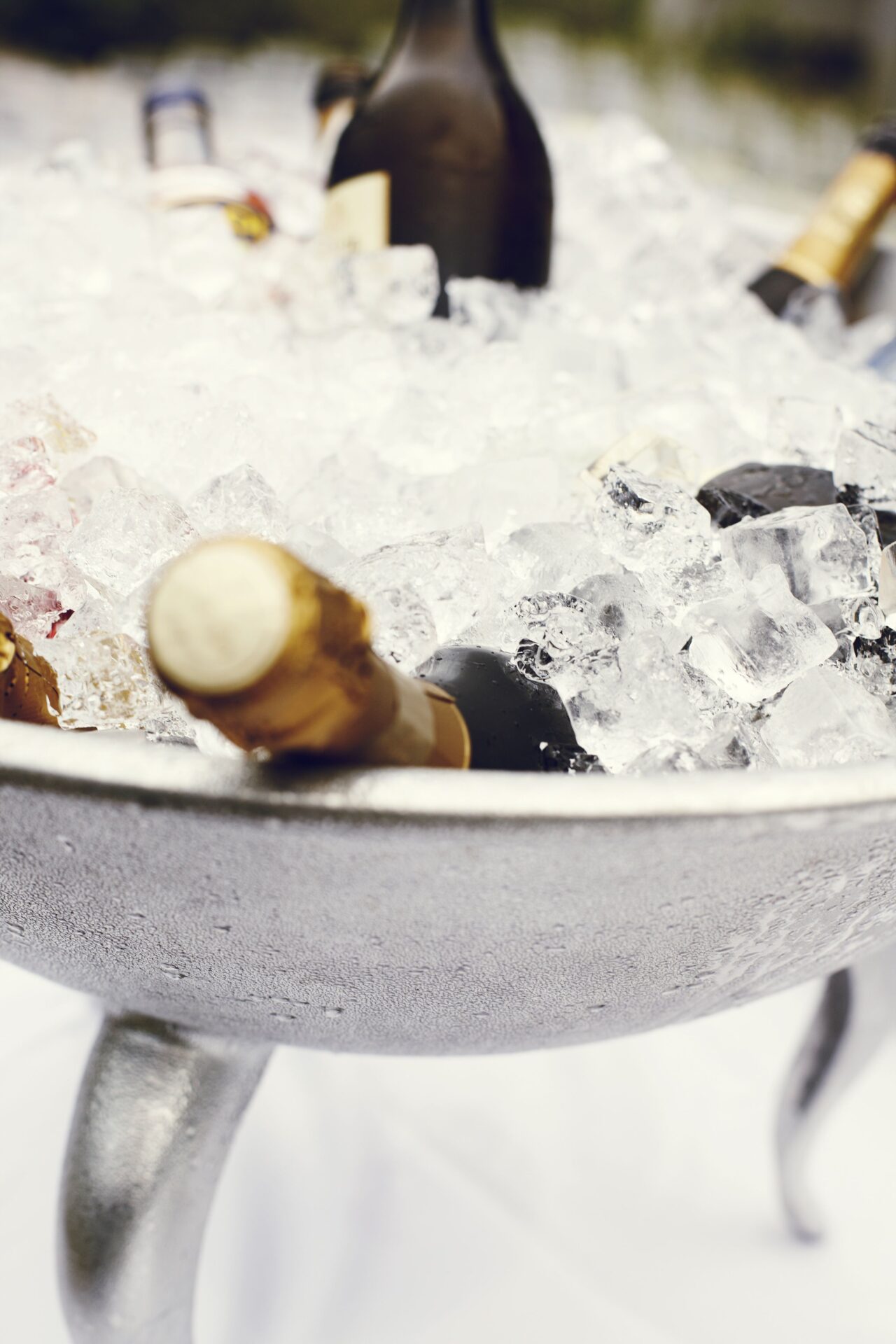 Wine bottles chilling in a stainless steel ice bucket